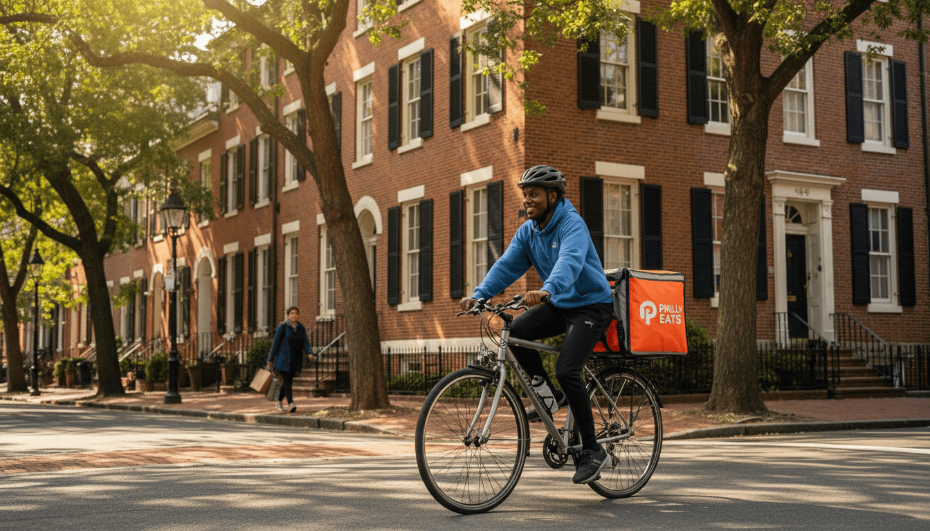 Delivery cyclist riding through Philadelphia neighborhood