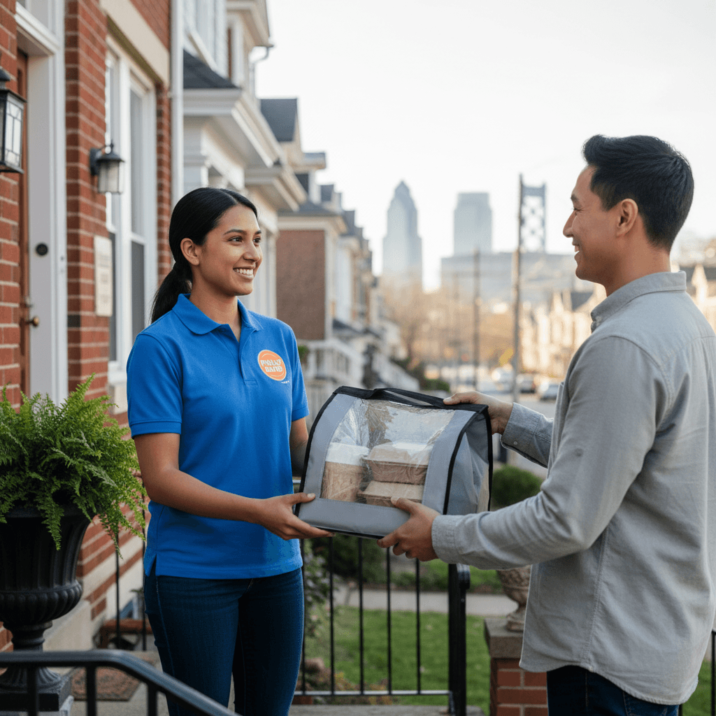 Delivery person handing off food order at door