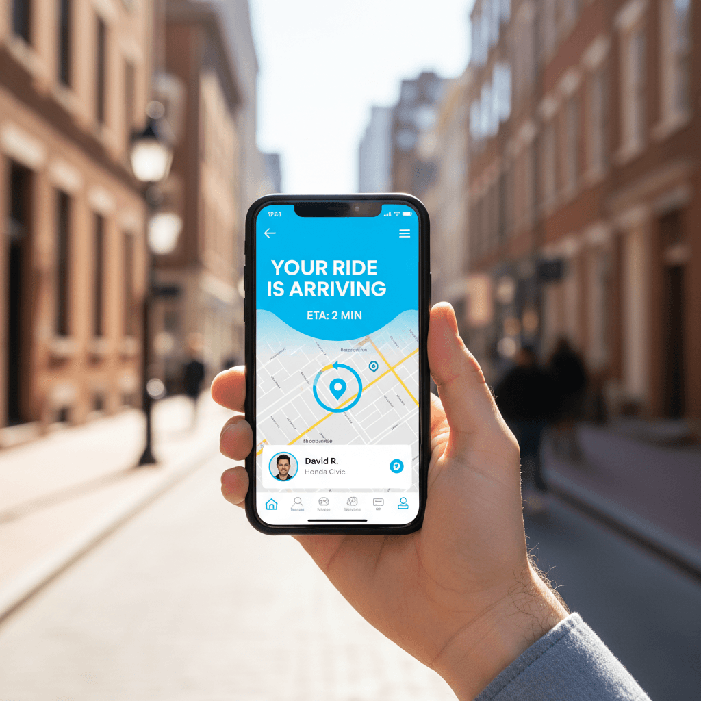 Smartphone showing rideshare booking interface