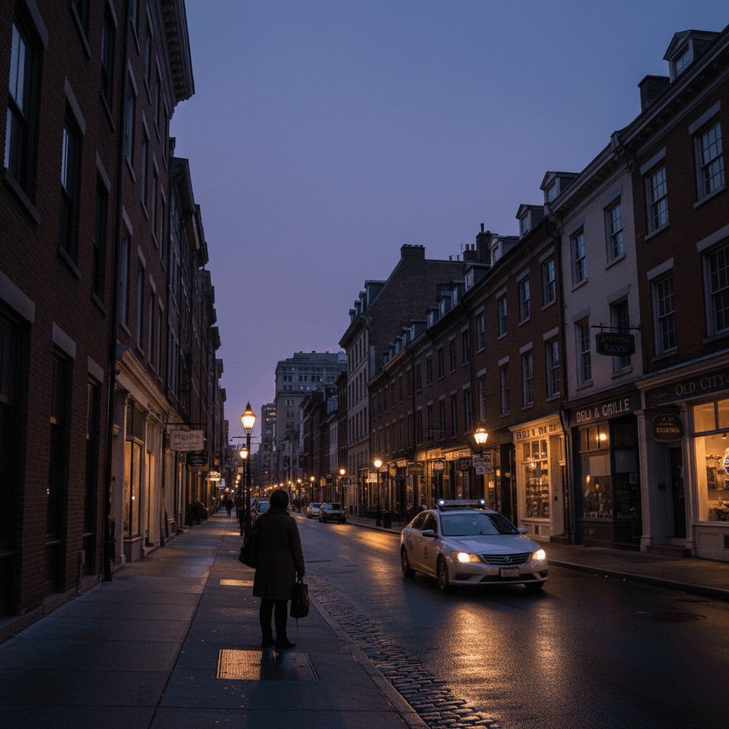 Philadelphia street at evening with active rideshare vehicle